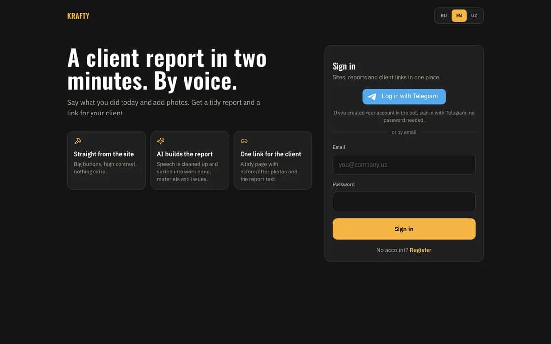 Krafty landing page: a client report in two minutes, by voice